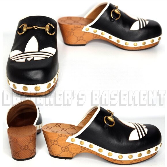 GUCCI x Adidas 36.5EU - 6.5US black Leather Trefoil logo GG platform Clogs shoes - Picture 5 of 12